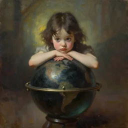 cute orb pondering. oil painting, victorian horror, limited palette, backlighting, depth of field.