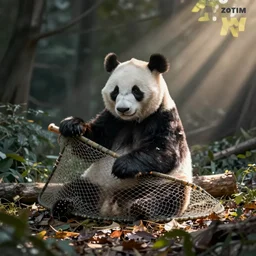 panda caught in fishing net, zenith view,