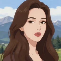 beautiful woman with long brown hair and luscious lips, scenic view, mountain landscape, artstyle : high definition anime and ilya kuvshinov