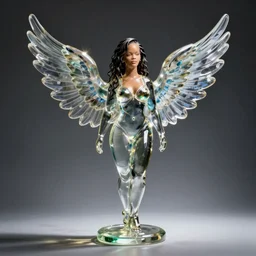 a glass statue of a Rihanna with wings on it's back, studio photography, detailed, in focus