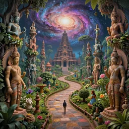 an epic elegant masterpiece mysterious sci - fi of a winding path through hindu temple dream worlds with surreal statues, inspired by heironymous bosch's garden of earthly delights, digital art, dynamic lighting, vibrant colours, surreal lush landscapes by asher durand and cyril rolando and natalie shau and thomas kinkade, insanely detailed and intricate, elegant, subterranean galaxy