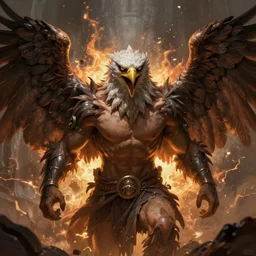 angry anthropomorphic man with eagle face and long wings, godness, exploded view, DnD character art portrait, matte fantasy painting, DeviantArt Artstation,Kevin Keele and Nicolas Aviori, cinematic lighting