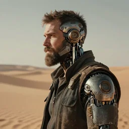 a bearded rugged mechanic man with cybernetic enhancements lost in the desert, scifi character portrait by greg rutkowski, esuthio, craig mullins, 1 / 4 headshot, cinematic lighting, dystopian scifi gear, gloomy, profile picture, mechanical, half robot, implants, steampunk