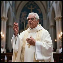old danny trejo as a catholic priest, white vestments, white hair, celebrating mass in a gothic church, kodak vision 2 0 0 t halation diffusion dramatic lighting