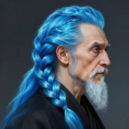 Old man with braided neon blue hair, twisted braid, dyed hair, gorgeous, amazing, elegant, intricate, highly detailed, digital painting, artstation, concept art, sharp focus, illustration, art by Zdzislaw Beksinski