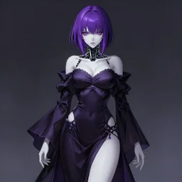 Full body image of a gorgeous grown up anime women as a evil witch with purple short  smooth shiny hair , pale white skin , robotic eyes , artstation , 4K , Highly detailed , high quality , dramatic lighting , drawn by Yusuke Murata , elegant, highly detailed, centered, digital painting, artstation, concept art, artgerm, donato giancola, Joseph Christian Leyendecker, WLOP, Boris Vallejo, Artgerm