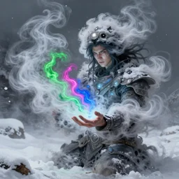 man made of swirling smoke and wind - blown snow, holding a green, magenta, and blue multiverse portal, fantasy painting, highly detailed, octane render