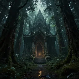 a deep florest, beautiful, with a creepy secret temple, dark, scary, artstation, volumetric light, high detail, reflections, perfect, concept art, hdr, 4 k
