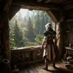 delicious view from standing inside the interior dingy wooden castle tower looking out at the forest woodlands woods below atmospheric unreal engine hyperreallistic render 8 k concept art masterpiece screenshot from the video game assassin's creed odyssey 2 7 0 0 k global illumination