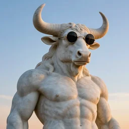 marble sculpture of moloch wearing round sunglasses, digital art, classical art, sharp focus, clear sky, muscular bull headed man, sunset