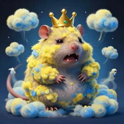 full shot of a crying!!!! king of rodents!!, covered in yellow and blue clouds, evil, scary, shamanistic, cloudcore, by kim keever