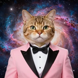 upper body portrait of male anthropomorphic cat in a pink tux, in the style of zootopia, back ground is a highly detailed nebula of all colors