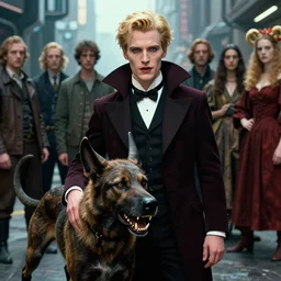 realistic detailed movie shot of an elegant blond male vampire with a cerberus, futuristic street background by denis villeneuve, amano, yves tanguy, alphonse mucha, max ernst, caravaggio, edward robert hughes, roger dean, rich moody colours, dog teeth, blue eyes
