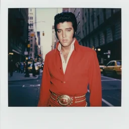 elvis presley wearing red cloaths in new york city, 1 9 8 5 polaroid