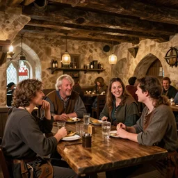 photo inside medieval tavern with cheerful people