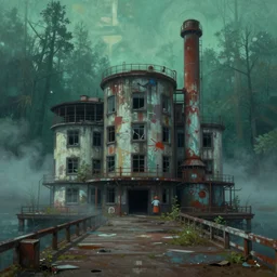 a beautiful photorealistic painting of dock urbex industrial architecture abandoned by wes anderson, forest synthwave fog cyberpunk, archdaily, wallpaper, highly detailed, trending on artstation.