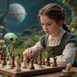 sharp, highly detailed, film from a 2 0 1 9 sci fi 8 k movie, set in 1 8 6 0, a girl playing chess with a small cute humanoid alien, in a garden on an alien planet, wearing 1 8 6 0 s clothes, atmospheric lighting, in focus, reflective eyes, 3 5 mm macro lens, live action, nice composition