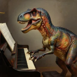 illustration of a T-Rex playing piano, realistic painting, classical painting, high definition, digital art, matte painting, very detailed, realistic