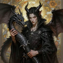 a beautiful satanic sorcerer holding with a dragon, intricate, sharp focus, illustration, highly detailed, digital painting, concept art, matte, art by wlop and artgerm and greg rutkowski and alphonse mucha, masterpiece