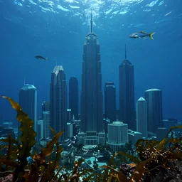 megapolis under water, fish, seaweed