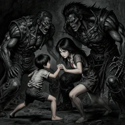 a painting girl with her little brother fighting a bad guy, dark colors, sinister atmosphere, dramatic lighting, cinematic, establishing shot, extremely high detail, photo realistic, cinematic lighting, pen and ink, intricate line drawings, by Yoshitaka Amano, Ruan Jia, Kentaro Miura, Artgerm, post processed, concept art, artstation, matte painting, style by eddie mendoza, raphael lacoste, alex ross,