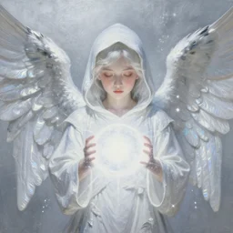 beautiful high details hyper realistic painting of white angel in the hood coming from space with giant ball of miracle light from the chest!!!!!, 4 k hd face!!!, fashion cute face, no gender, giant silver holographic wings, by jan van eyck, holography space, white sparkles everywhere, thin strokes, high textures, silver background