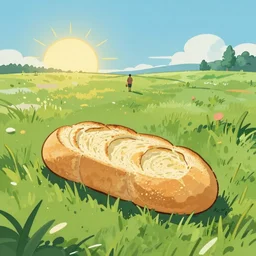 Garlic bread on a grass plain, walking towards the sun on a distant horizon, artstation