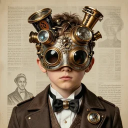 steampunk boy, complex mask, collage in the style of hannah hoch