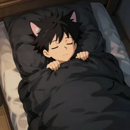 boku no hero academia style, neko boy inside a black sleeping bag, ghibli, unreal 5, daz, hyperrealistic, octane render, rpg portrait, dynamic lighting
