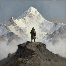 painting of a lonesome warrior at the peak of himalayas, style of conrad roset