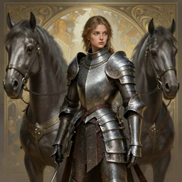 girl medieval armor and metal horses, deep focus, d & d, fantasy, intricate, elegant, highly detailed, digital painting, artstation, concept art, matte, sharp focus, illustration, hearthstone, art by artgerm and greg rutkowski and alphonse mucha