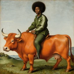 photograph of a black man with afro hair wearing an army green adidas jacket and detailed face, riding an orange colored detailed anotamically correct bull!!, renaissance style painting