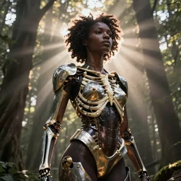 hyperrealistic gorgeous black woman highly detailed exoskeleton bone armor in a forest sun behind her god rays concept art eric zener elson peter dramatic light low angle hd 8k sharp focus