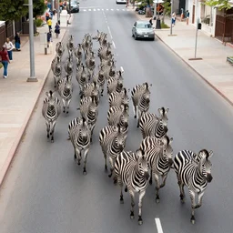 polychromatical zebras running in maddison avenue, view from the sky forming a stampede running north, realistic