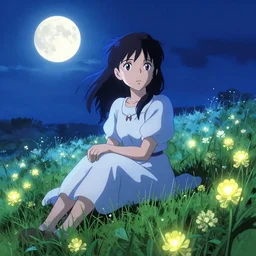 Chaika Trabant sitting in a field of Ghibli Clover | Big Moon at Blue Night | GLOWING FLOWERS | strong blue rimlit | visual-key | anime illustration | highly detailed High resolution | Light Novel | Visual Novel | Gosick