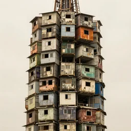close - up view of a tower made up of makeshift squatter shacks with faded colours, plain uniform off - white sky, dystopia, hasselblad x 1 d, very detailed, photographed by cristina de middel