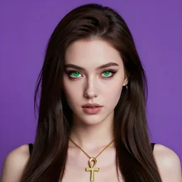 a vibrant professional studio portrait photography of a young, pale, goth, attractive female, piercing green eyes, wears a gold ankh cross necklace, femme fatale, friendly, casual, delightful, intricate, gorgeous, art nouveau, curated collection, annie leibovitz, nikon, awardwinning, breathtaking, groundbreaking, superb, outstanding, lensculture portrait awards, photoshopped, dramatic lighting