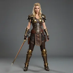full body photo of karen gillen as an amazon steampunk warrior