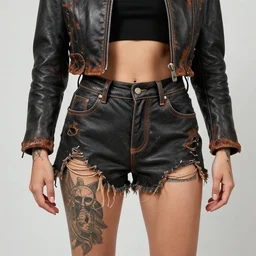 samara weaving as a wanderer with tattooed arms and legs wearing an old scratched leather and partially ripped aviator outfit full of stitches, wearing a short black jacket with rusty medals on it and a white shirt with a colorful stamp, character sheet, details, props, concept design, contrast, kim jung gi, greg rutkowski, zabrocki, karlkka, jayison devadas, trending on artstation, 8 k, full body, turnaround, ultra wide angle, pincushion lens effect