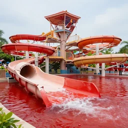 the worst waterpark in the world, red dark dirty water, cracked broken slides, crowded, ugly design,