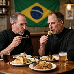 steve jobs with elon musk in a small bar in brazil eating typical brazilian food, very details, cinematic, ultra realistic