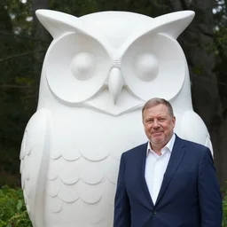 alex jones at the bohemian grove. giant owl statue.