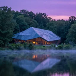 faceted roof planes lift and descend creating shade and architectural expression, highly detailed, situated in the forest, next to a highly reflective lake, at dusk, vivid color, 4 k photography, mist