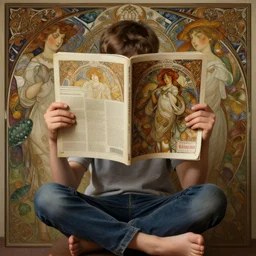 perfectly - centered - portrait of a kid sitting and reading magazine, the magazine covered his face, intricate, highly detailed, digital painting, artstation, concept art, smooth, sharp focus, illustration, unreal engine 5, 8 k, art by artgerm and greg rutkowski and alphonse mucha