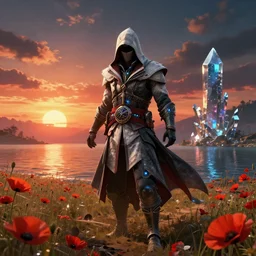 abandoned by albrecht durer, anime magic realism sunset reclaimed by nature lake desert flowers water poppy myst assassin's creed atlantis fantasy crystal at dusk sea nightvision tron evil steampunk gem, archdaily, wallpaper, highly detailed, trending on artstation.