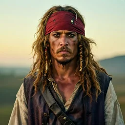photo portrait of an rugged albino african pirate with a brown vest and red headband | brown vest | young adult, thin blonde mustache, afro blonde hair, stern face, rugged and dirty, cinematic lighting at sundawn, movie color grading