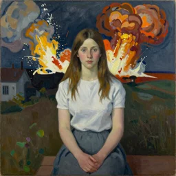 painting Christina\'s World by Andrew Wyeth and explosion in the background,