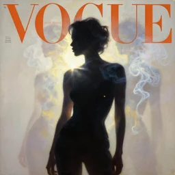 fashion model silhouette smoke, soft sun light, fuzzy iridescent glare, vogue cover style, poster art, high detail, intricate oil painting, multiple exposure, hyperrealism, by stanley kubrick