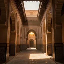 ancient moroccan architecture alleyway, skylights, light shafts, hyper - realistic, cinematic lighting, highly detailed and intricate, sunset, cinematic, atmospheric, octane render