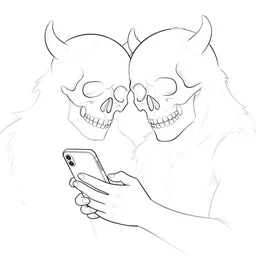 a line drawing of a monster with two heads, one of them is a skull, the other is looking at a cell phone